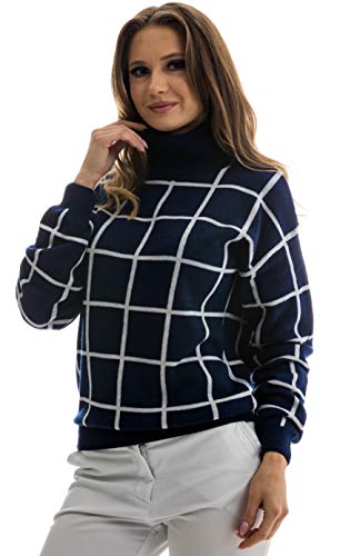 Pulôver feminino de manga comprida com gola rolê de lã merino italiano da Knitton, Navy Square Patte