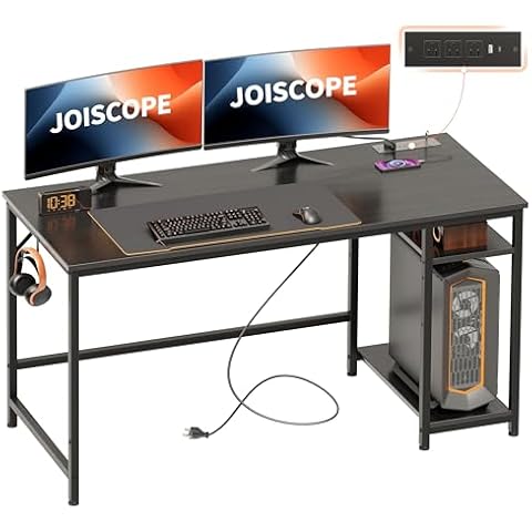 JOISCOPE Computer Desk with USB & Type-C Outlet, Home Office Desk with 2-Tier Storage Shelves, Modern Gaming Desktop Workstation, 55 inches, Black Cover