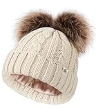 Creekstone Sombreros de invierno con forro de satén para cabello rizado, cálido gorro de punto con doble pompón para mujer, Pom Pom Beanie, beige, Talla única
