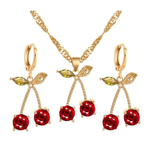 Conjunto de colar e brincos de cereja minúsculo pingente de cerejeira brincos de cereja vermelha colar gargantilha de cereja rosa colar engraçado de frutas para mulheres, Zinco, Sem Pedra Preciosa