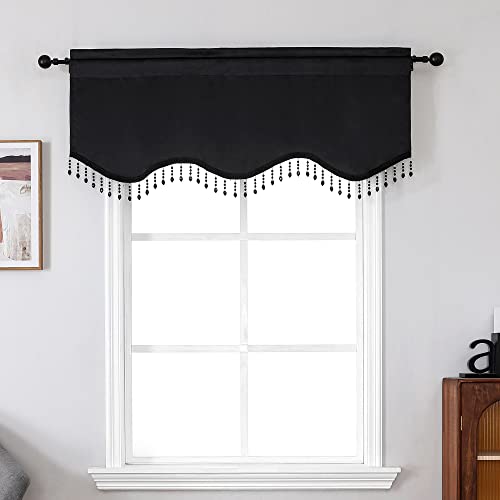 Regal Home Collections Karter Scalloped Valance With Crystal Beads - Solid Black Valance With Drop Beading - Valance Curtains (52In W X 20In L, Black) #TOP22