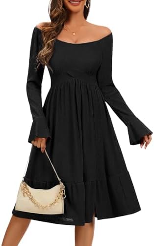 HomRain Long Sleeve Dresses for Women 2025 Fall Ribbed Knit Square Neck A line Vintage Cocktail Bridesmaid Casual Dress