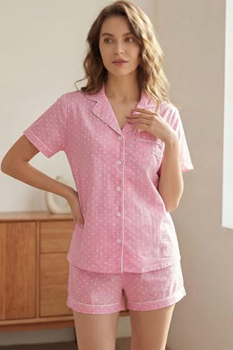 Image of LUBOT 100% Cotton Pajamas for Women 2 Piece PJ Set Poplin Woven Lightweight Ladies Button Short Sleeve Sleepwear S-XXL