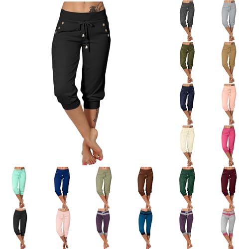 Capri Pants for Women High Waisted Drawstring Hiking Pants Stretch Lightweight Joggers Casual Cropped Trousers with Pockets A-Black