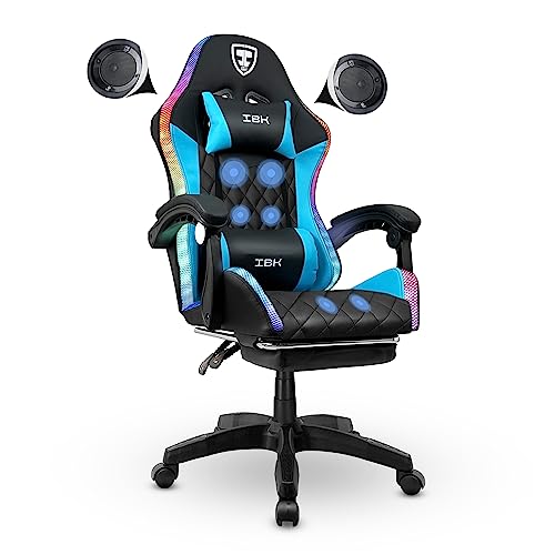 IBK Sedia da Gaming professionale, similpelle, massaggiante, supporto lombare, Led RGB, casse bluetooth, regolabile in altezza, schienale reclinabile, pistone a gas classe 3, Ufficio PC (Azzurro)
