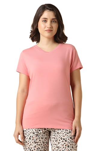 Image of Van Heusen Women Lounge T-Shirt - Super Combed Cotton Elastane - V-Neck, Short Sleeve, Short Sleeve, Reflective Trim