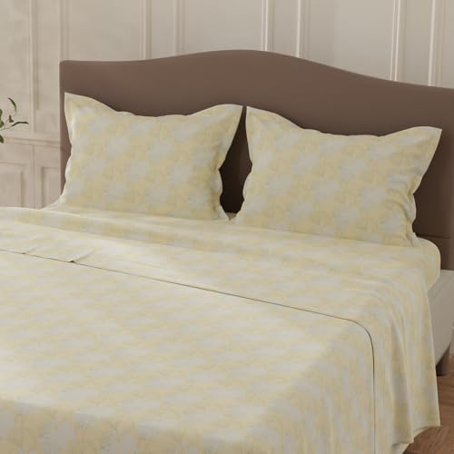 Image of Layers 100% Cotton Bedsheet for Double Size Bed | Lumina Floret Collection | 144 TC Soft & Breathable | Floral Print with 2 Pillow Covers | Wrinkle Free | 3 Piece Bedding Set - Yellow & Grey