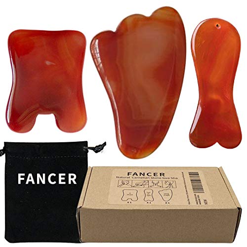 Gua Sha Scraping Massage Tools, FANCER (3 PCS) Natural Carnelian Red Agate Gemstone Jade Crystal Healing Stone Scraper Board for Body Face SPA Acupuncture Therapy Trigger Point Treatment