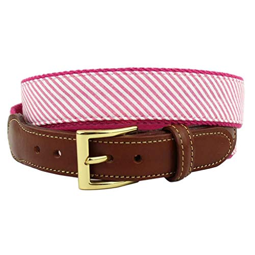 COUNTRY CLUB PREP Seersucker Leather Tab Belt in Hot Pink