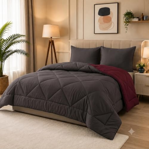 Image of 220 GSM Comforter Set Double Bed | Microfiber Reversible AC Blanket Duvet Quilt for Double Bed King Size for Winter (Maroon & Grey)