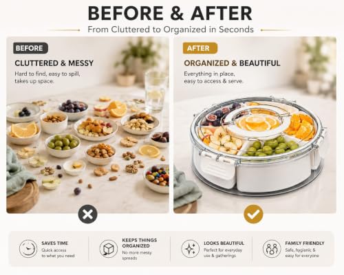 2 Pack Rotating Snackle Box Container with Lid & Handle| Snack Storage Organizer for Fruits, Veggies, Candy, Charcuterie, Picnic, Party,Nuts | 6 Compartment Round Lazy Susan 360° Divided Serving Tray by Shoplly - Used condition - Image 4