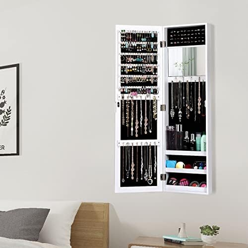 COSTWAY Jewellery Cabinet Armoire, Door Hanging/Wall Mounted Jewelry Organiser with Full Length Mirror and Built-in Makeup Mirror, Home Bedroom Dressing Cosmetics Jewellery Storage Unit Gift (White)