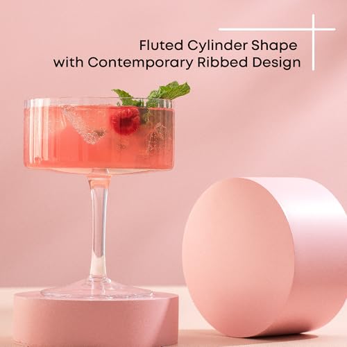 image for JoyJolt Fluted Ribbed Glasses - 10oz Coupe Glass Set of 2, Unique Cham