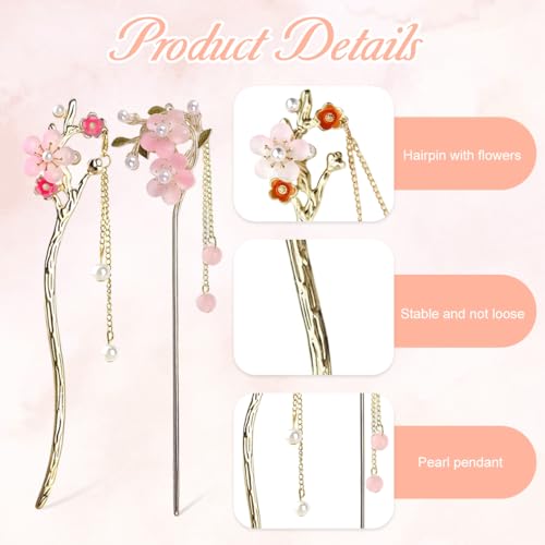 Image of SANNIDHI 4Pcs Hair Stick for Bun Elegant Flower Hair Bun Stick with Tassels, Chinese Style Floral Pins for Women, Alloy Metal Vintage Pearl Accessories