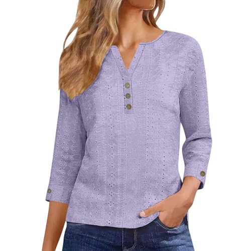 Image of V Neck T-Shirts for Women UK 3/4 Sleeve Cotton Tops Elegant Blouse Summer Casual Pullover Daily Comfy Tees Loose Fit Boho Tshirt for Work Office Going Out Purple