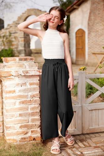 Image of Girls Summer Cute Print Wide Leg Dress Pants Lightweight Palazzo Pants Flowy Lounge Trousers with Pocket 5-14 Years