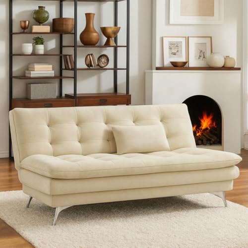 Image of FURNY Eagel 3 Seater Fabric Sofa Cum Bed with 2 Cushions (Cream) with Velvet Fabric | Durable with Comfort | Perfect for Living Room, Bedrooms, Offices