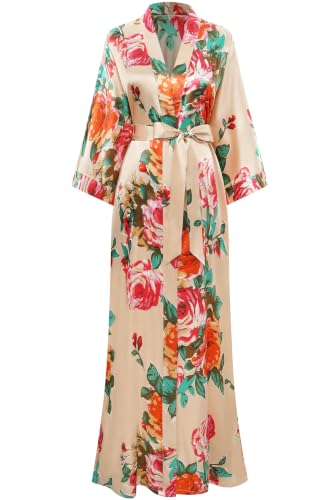 Image of BABEYOND Women's Kimono Robe Long Satin Silky Floral Lightweight Bridesmaid Wedding Bachelorette Party Robe