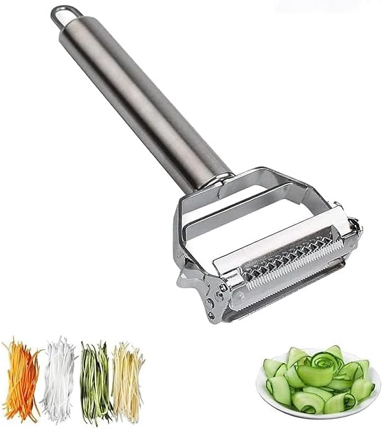 Stainless Steel 2 in 1 Julienne Vegetable Peeler Multi-Functional Fruit Vegetable Shredder Slicer Double Planing Cutter Potato Cucumber Carrot Melon Grater (Silver, 18 x 8.2 x 2.4 cm)