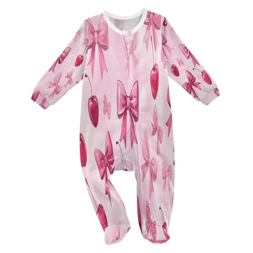 Dussdil Bow Cherry Pink Baby One-Piece Footies Red Butterflies Newborn Rompers Pajamas Cotton Footed Pjs for Sleep Play Boys Girls 9M