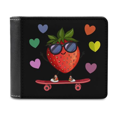 Strawberry Skateboard Bi-fold Wallet for Men Women Print PU Leather Slim Cash Card Holder