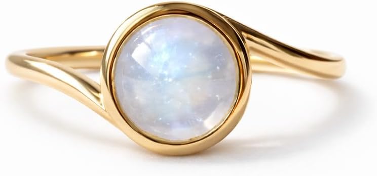 Round Moonstone Solitaire Ring for Women 14K Yellow Gold Bezel Set Minimalist Engagement Ring Celestial Boho Bridal Jewelry Gift