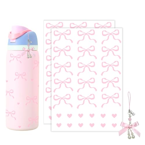 Romukuku Bows Stickers for Custom Owala Accessories, Heart Decals Transfer Stickers for Water Bottles, Bows Pearl Charms for Owala (Pink)