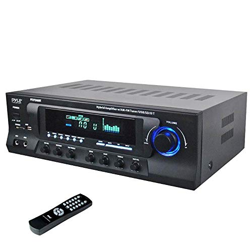 Pyle Home Stereo Amplifier with Bluetooth - 300 Watt Max 4 Channel Stereo Receiver with Easy Karaoke - Dual Mic In with EQ and Echo, USB-A and SD Card In, RCA In, RCA Out, LED Display - PT272AUBT by Pyle - Used condition - US$75.22
