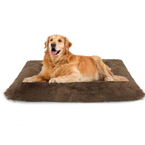 Nepfaivy Large Dog Bed Washable - Calming Anti Anxiety Dog Bed, Fluffy Dog Crate Mattress Cushion with Non-slip Bottom for Medium and Large Dogs and Pets,Coffee,93x65cm