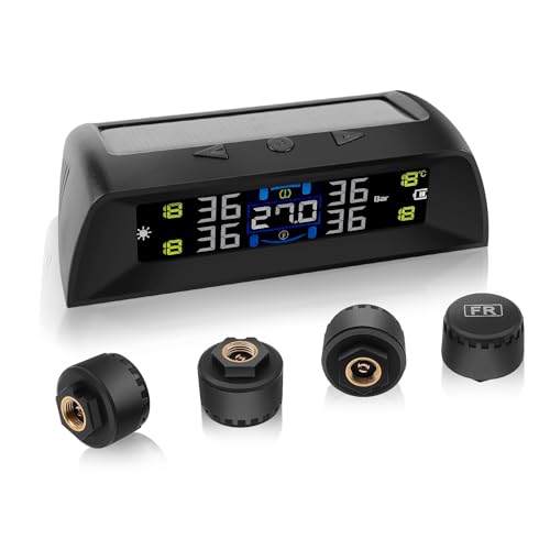 Avutrel TPMS Reifendruckkontrollsystem mit Solar/USB, Fahrzeug & Temperaturalarm, Auto EIN/Aus für Wohnmobile, SUV, Limousinen, MPV, 4 Externe Sensoren (0-72 psi)