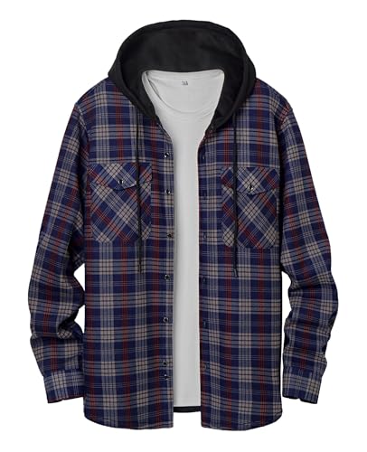 QIXING Chaqueta con capucha de franela a cuadros para hombre, camisa con capucha, forro de forro polar cálido, manga larga, suave, con botones, abrigo con capucha, Gris y rojo., L
