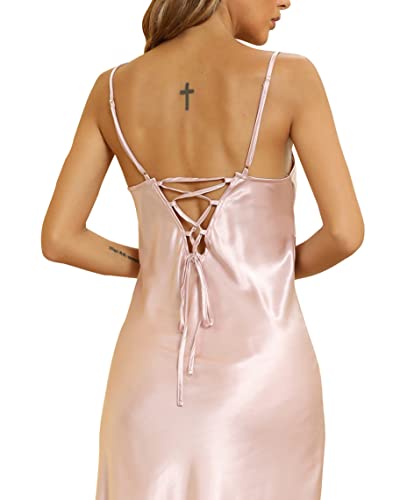 Image of ALCEA ROSEA Women Silk Satin Nightgown Sexy Lace Chemise Lingerie Long Sleepdress for Ladies Sleepwear Slip Negligee