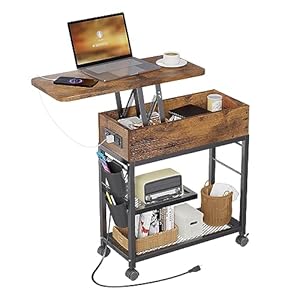 Colima Lift Top End Table with Charging Station and Wheels, Sofa Side Table with USB Port & AC Outlets, Movable Bedside Nightstand with Side Bag for Office Living Room Bedroom(Rustic Wood)