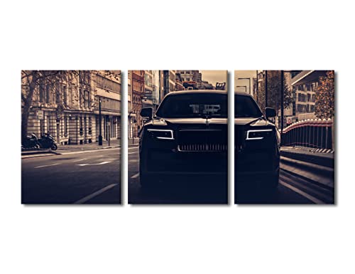 TUMOVO Canvas Prints Vintage Wall Art Modern Home Decor Black Sports Car Poster Living Room Men Boys Bedroom Decoration 3 Pieces Famous Car Retro Artwork Painting Framed Ready to Hang, 36" Wx16 H