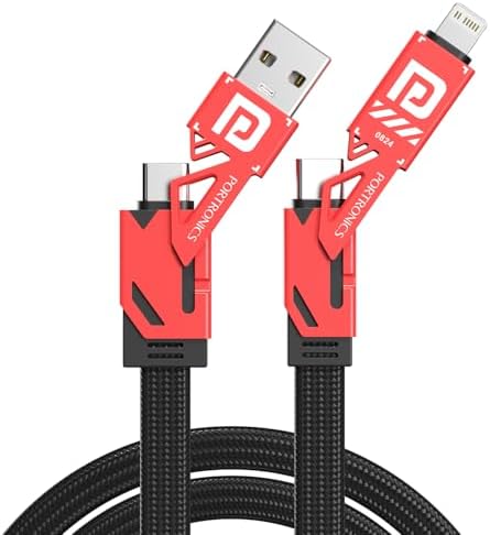 Portronics Procharge 4 60W 4-In-1 Multifunctional Fast Charging Cable With Multiple Port & Metal Zinc Alloy Head, Tangle Free Flat Cable, Type C to Type C/Lightening, USB A, Fast Data Sync (Red+Black)