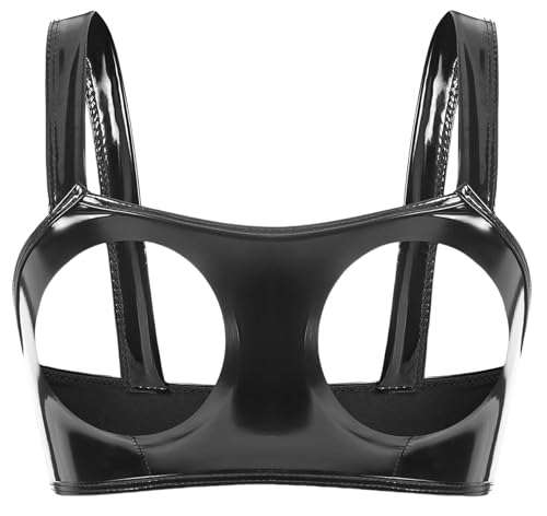 Ausing Leather Bra Women Punk PU Sexy Lingerie Halter Strap Crop Tops Cupless Cage Bra Bralette Chain L Black
