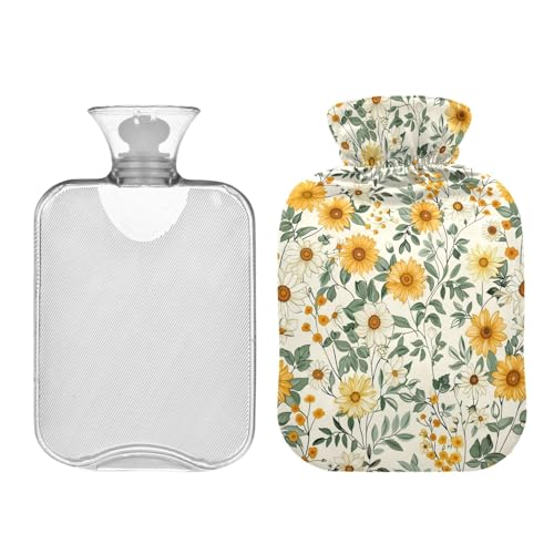 Vintage White Yellow Daisies Hot Water Bottle with Cute Cover 1L Durable Hot Water Bag Portable Hot Water Bottles for Menstrual Cramps, Neck, Shoulder, Back Pain Relief