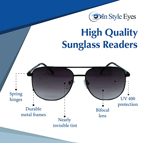In Style Eyes Just Chillin' Aviator Bifocal Sunglasses - Classic Wired Metal Frame Reading Sunglasses - Gradient Tint Lens - Pewter - 2.25x3
