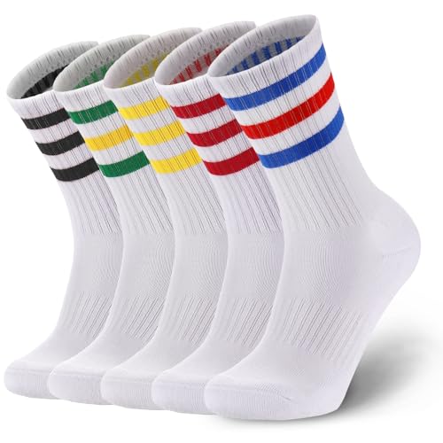 Image of Ultrafun 5 Pairs Striped Crew Socks Cotton Cushioned Athletic Sports Running Socks for Men Women Teens