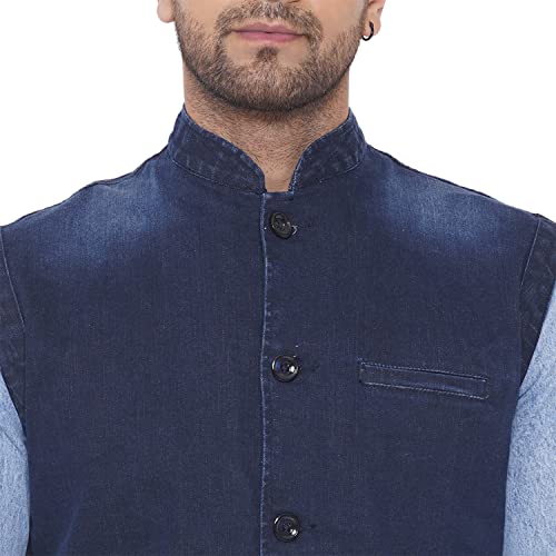 Image of JOHN PRIDE Men Regular Size Solid Navy Blue Denim Nehru Jacket (JPRNJ14003 Navy Blue)