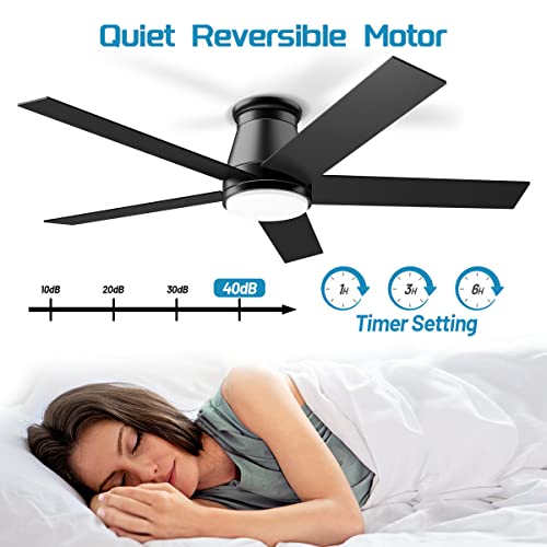 Wurzee 52'' Flush Mount Ceiling Fan, Black Low Profile Ceiling Fan, 6 Speeds Dc Reversible Motor, Timing, Dimmable Ceiling Fan For Outdoor Indoor Patio Porch Garage Shop Factory Warehouse #TOP3