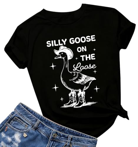 Silly Goose Shirt for Women Cute Silly Goose On The Loose Letter Printed Tees Vintage Short Sleeve Tops