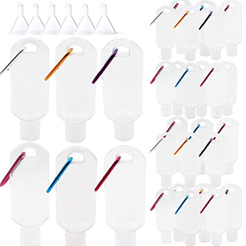 30 Pieces 50ml/1.69oz Travel Plastic Clear Keychain Bottles Portable Refillable Empty Bottles Leak Proof Flip Cap Liquid Container with D Shape Keychain Buckle Includes 6 Pieces Mini Funnels for Cosme