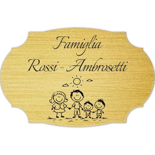 Targa Fuoriporta Personalizzata con Nome e Personaggi Componenti Famiglia in Laminato Dorato, Targhetta per Porta Ingresso, Portone o Cassetta Postale, 14x9 cm, Incisione Laser (Oro Spazzolato)