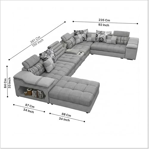 Image of Avion COMFORA U Shape 12 Seater Sofa Set for Living Room (Grey) | Interchangeable U-Shaped Sectional Sofa Set with Cup Holder with 4 Puffy for Living Room & Office