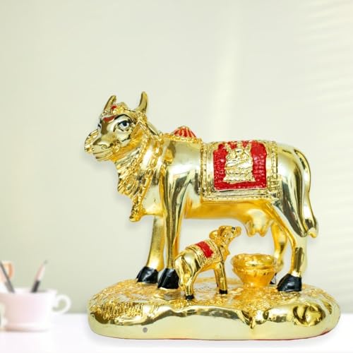 Image of Gold Plated Kamadhenu Cow with Calf Idol | Big Size Sacred Zebu Figurine for Home Temple & Vastu | Golden Gau MATA Showpiece for Pooja & Decor | 8.5 x 7 x 5.5 cm