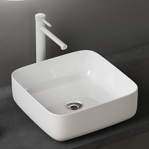doporro Lavabo Vasque à Poser Blanc 38,5x38,5x14 cm Lave Mains Carré en Céramique Revêtement NANO Easy Clean Brüssel106