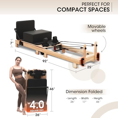 Pilates Reformer, PAETA Wooden Foldable Pilates Reformer Machine with Springs, Pilates Machines for Home Use and Studio, Pilates Equipment with Sitting Box, Jump Board and Accessories