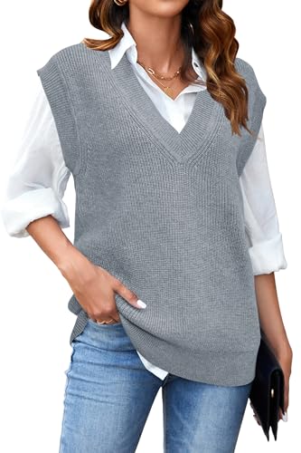 Arach&Cloz Womens Sweater Vest 2024 Fall Knitted V Neck Oversized