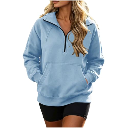 Quarter Zip Pullover Women Lightweight Fall Light Blue XX-Large